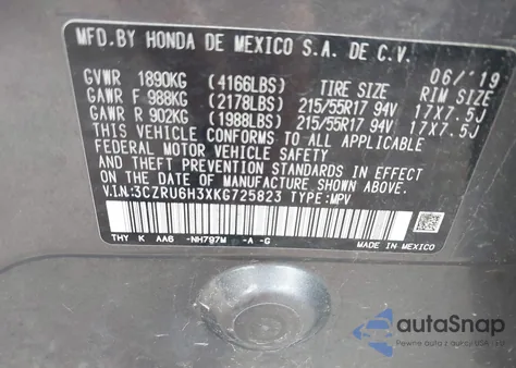 2019 Honda Hr-V Lx z USA, uszkodzony, nr VIN 3CZRU6H3XKG725823